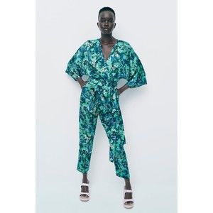 New Zara Womens Green Floral Print V-neck Dolman Sleeve Jumpsuit Size M